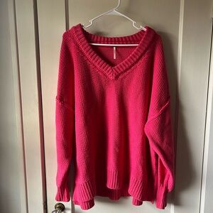 Free People Alli Oversized V-Neck Sweater- Pink (Small)